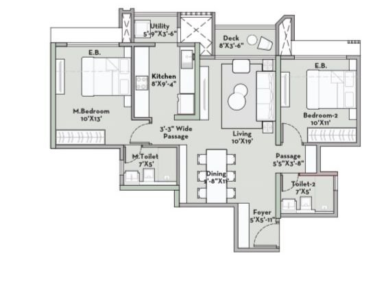 2 BHK floor plan of Prestige Garden Trails Mira Road Dahisar