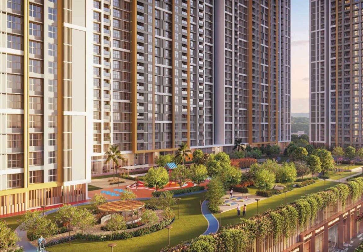 Aerial view of Prestige Garden Trails building with playground at Mira Road Dahisar