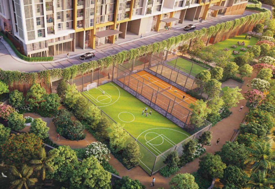 Aerial view of football area with Prestige Garden Trails building at Mira Road Dahisar